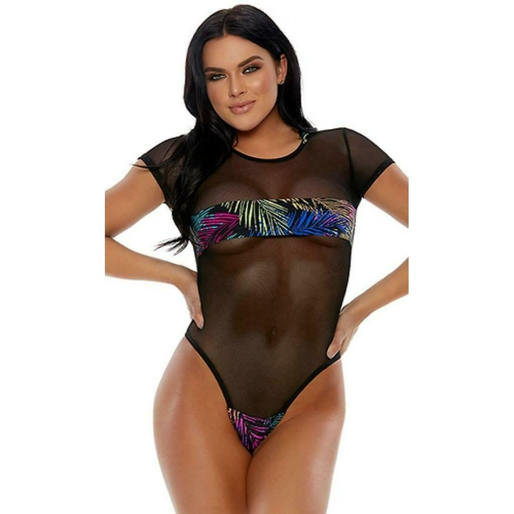 FORPLAY Hooded Bodysuit Sheer‎ Mesh Palm Trees Print Panels Short Sleeves Dance